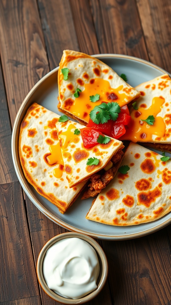 Cheesy pork quesadillas cut into wedges with salsa and sour cream on a wooden table.